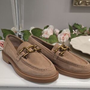 Steve Madden Beige Suede Loafers with Gold Accent